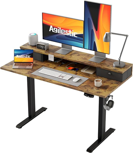 Agilestic 48 x 24 Inches Electric Standing Desk with 2 Storage Drawers, Adjustable Height Sit and Stand Computer Table with Splice Board, Rustic Brown