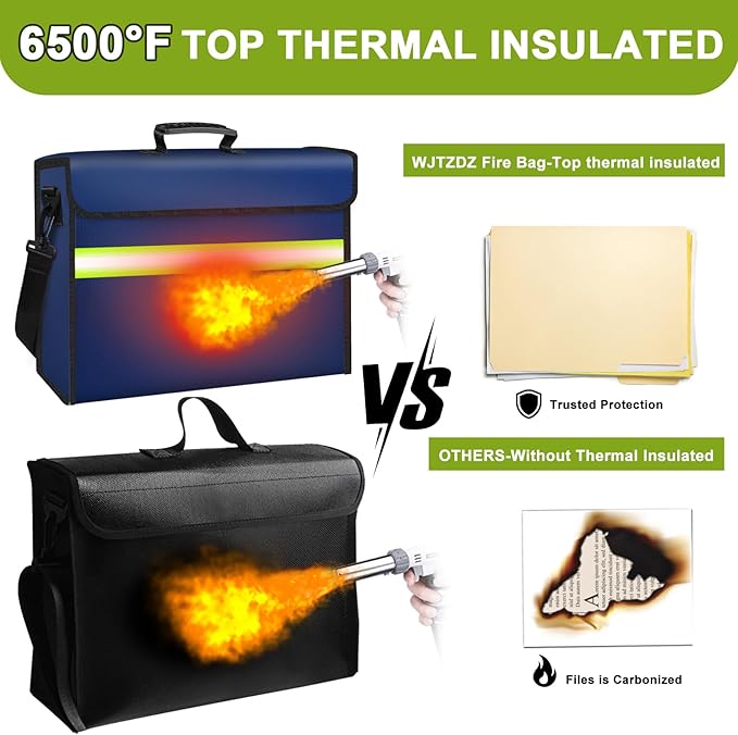 Large Fireproof Money Bags with Lock-6500°F Fireproof Document Box,10 Layers Insulation Materials&Waterproof Zipper,Removable Folder Layers/Wallet,Reflective Strip for Valuables(16.5”x 12.4”x 5.5”)