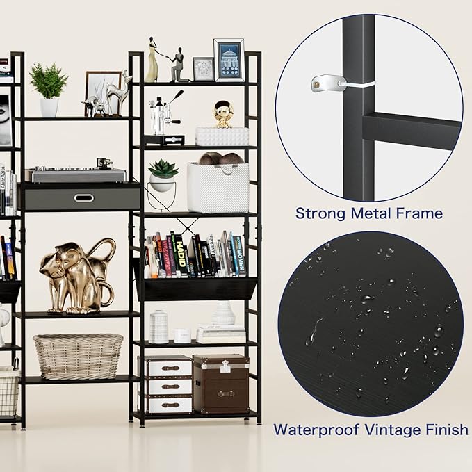 NUMENN Triple Wide 6 Tier Bookshelf, Adjustable Rustic Industrial Style Book Shelves, Modern Bookcases and Bookshelves Furniture for Bedroom, Living Room and Home Office, Black