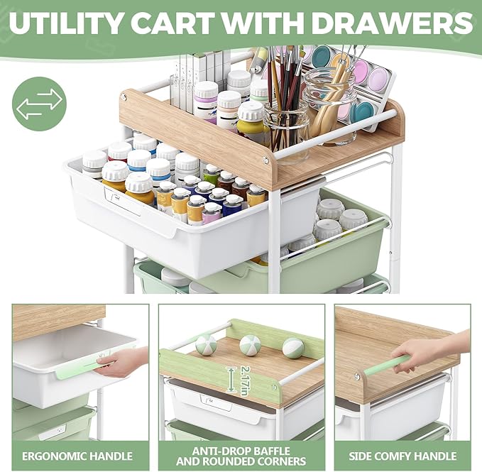 Rolling Storage Utility Cart With 6 Drawers,Art Supply Craft Organizer,Sewing Makeup Organizer And Storage,Office Organization Wooden Tabletop,Green