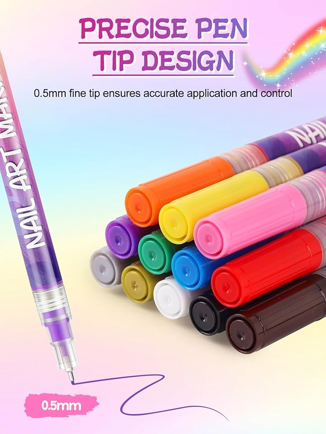 EBANKU 12 Colors Nail Art Pens Kit 0.5MM Ultra-Fine Tip 3D Nail Polish Pens Quick-Dry Acrylic Paint Pens Nail Markers Dotting Tools for Home & Salon Manicure