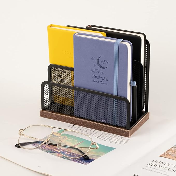 ASIFMTHOT 3-Tier Vertical File Storage with Retro Wooden Desk Mail Organizer and Metal Mesh Desktop Organizer for Home Office