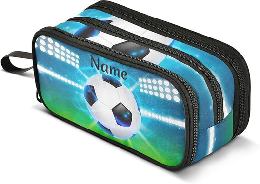BOENLE Custom Soccer Ball on Field Pencil Case Box Boys Girls Personalized Name Large Pencil Pouch Stationery Pen Bag Organizer for Kids Adults School Office