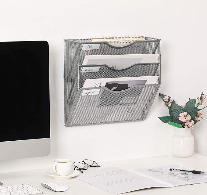 EasyPAG Hanging Wall File Organizer, 3 Pocket Wall Mounted Mail Organizer, Vertical Document Folder Holder with Nametag Label, Space Saving Paper Storage Magazine Rack for Office Home School, Silver