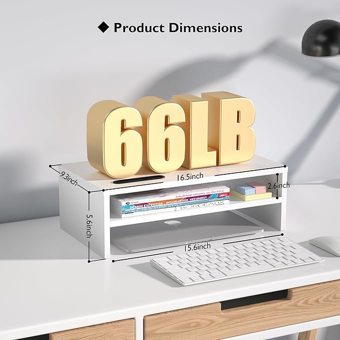 BONTEC Wooden Monitor Stand Riser, 2-Tier Desk Shelf with Storage Organizer, Ergonomic Computer Stand with Cable Management, Cellphone Holder, White, 16.5 Inch