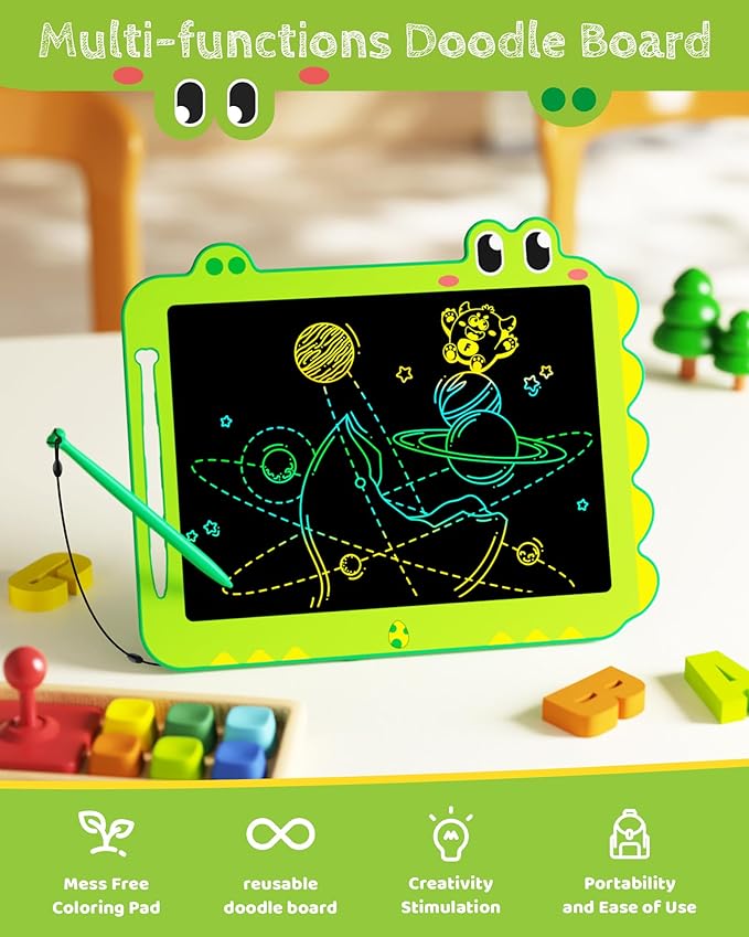 Kikapabi LCD Writing Tablet for Kids, 12 inch Dinosaur Doodle Board Toys Gifts for Boys Girls Age 3 4 5 6 7 Year Old, Mess-Free Drawing Pad Portable Learning Travel Toy Birthday Christmas Gift Green