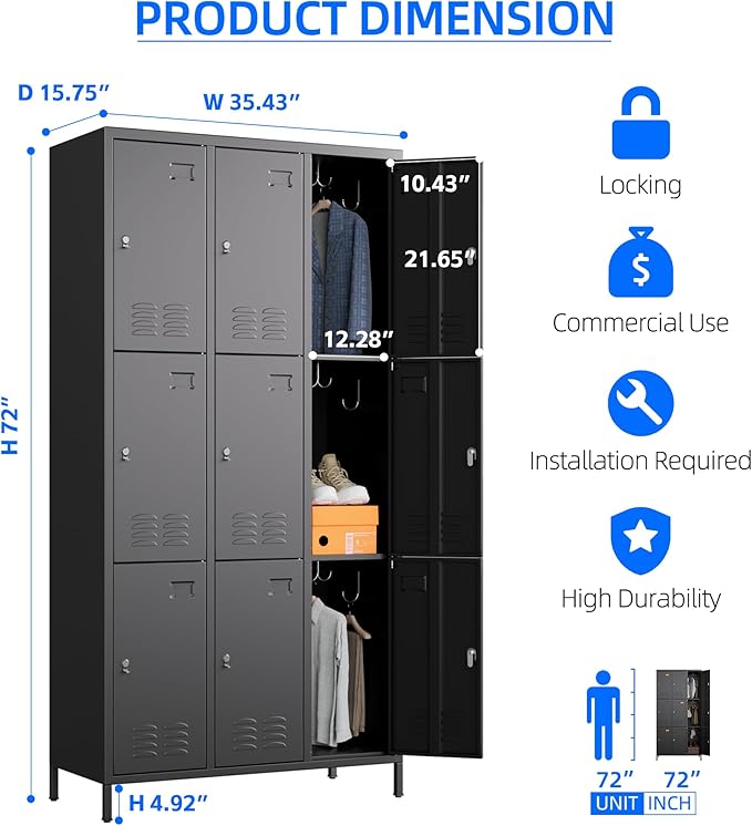 SUPEER 9 Doors Metal Lockers for Employees with 18 Hooks,Metal Lockers with Business Card Holder for School Garage Office Gym Home,Assembly Required,Black