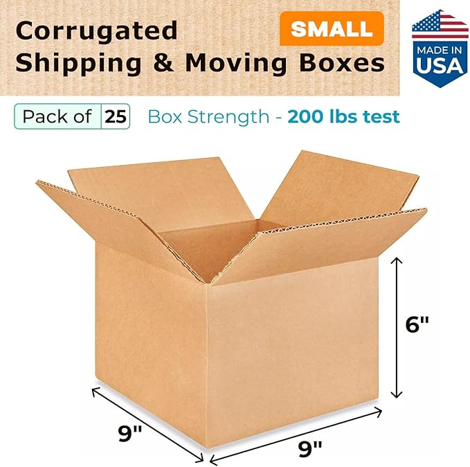 Small Moving & Shipping Boxes 9"L x 9"W x 6"H (25-Pack) - Extra Strength 200 lb vs Regular - Corrugated Boxes for Packaging - Moving Box for USPS, FEDEX - Heavy Duty Shipping Box by IDL Packaging