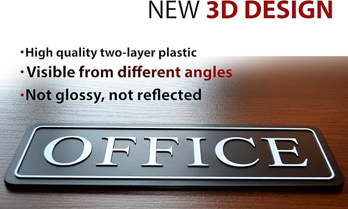 The Office sign for door or wall — Main office signs — quick easy installation — self adhesive for doors or walls — 9 X 3 in office signage for home and Business sign — White Big letters on black plate (Raised/ Black White)