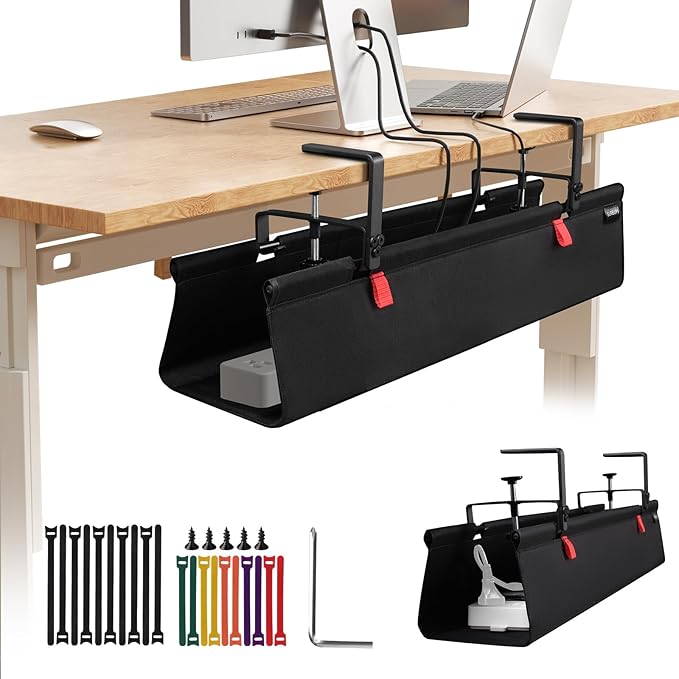 SUREUP9 No Drill Under Desk Cable Management Tray, 28" Cord Organizer with Clamp, Fabric Cable Management for Standing Desks, Ideal for Home & Office - Black
