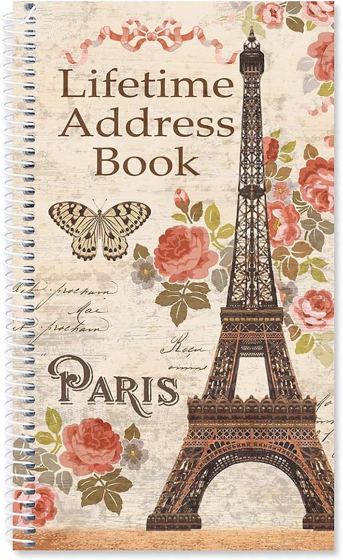 Current Parisian Postcard Address Book-94 Pages; Small 5" x 8-1/2" Size for Purse or Office,Spiral Bound Soft Cover Organizer for Contacts,Addresses, Email, & Phone Numbers + 50 Replacement Stickers