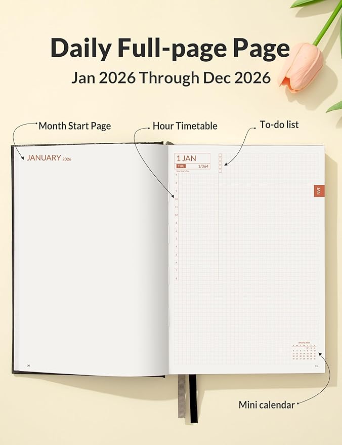 SUNEE 2026 Daily Planner A5 Hardcover – Hourly Schedule Organizer with Monthly Tabs & Task Tracker – Black Cover Time Management Notebook for Work, School, Personal Goals