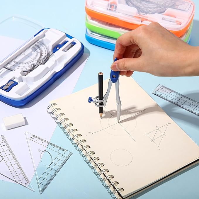 Zonon 24 Sets Math Geometry Kit Student 10 Pcs Shatterproof Storage Box Includes Compass, Rulers, Protractor, Eraser, Pencil Sharpener, Lead Refills, Pencil for Back to School Students Class Teacher