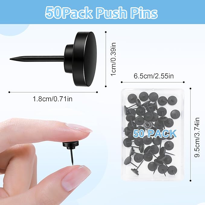 50Pcs Black Metal Push Pins for Bulletin Board, Flat Thumb Tacks, Heavy Duty Pushpins for Cork Board Photos Wall Travel Maps Poster, School Office Home Decorative