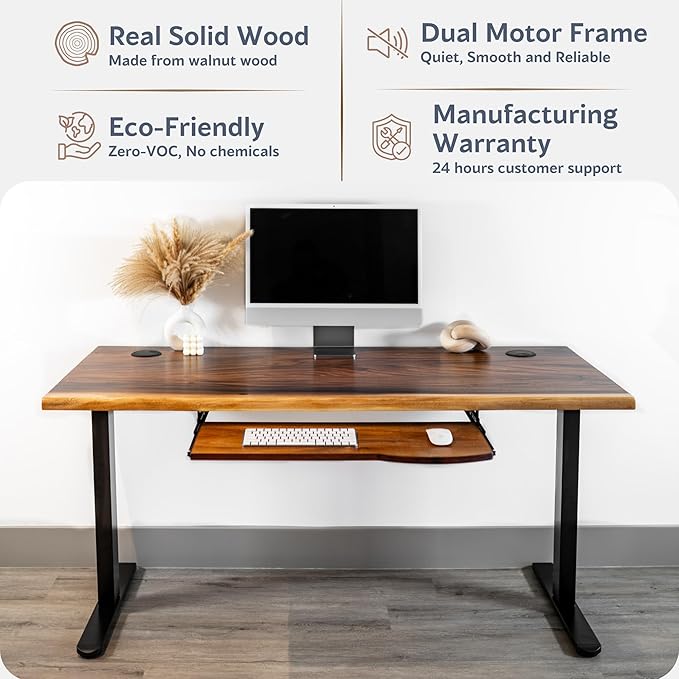 Standing Desk with Keyboard Tray – Walnut Solid Wood Desk, Natural Live Edge, Adjustable Height Dual Motor, Sit Stand for Home Office (Black, W48 x D27)