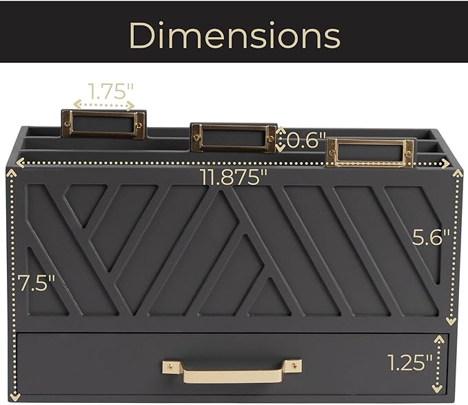 BLU MONACO | Grey Three-Tier Desktop Mail Organizer with Gold Label Holders & Drawer | Stylish Mail Holder and Countertop Document Storage for Home or Office