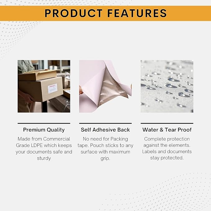 100 Pack 7"x10" Shipping Label Sleeves – Clear Self-Adhesive Packing Slip Pouches, Waterproof Packing List Envelopes – Ideal for Shipping Documents, Mailing Labels, Invoices & Packing Slips