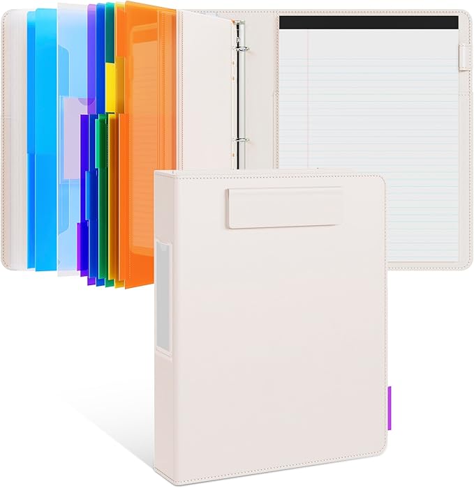 JoyCat 3 Ring Binder Clipboard with Storage,12.4"x10.2" Magnetic Clipboard Folder with 5 Subject Folders,Refillable Lined Notepad (11" x 8.5"),Ideal for School Office Nursing(Beige)