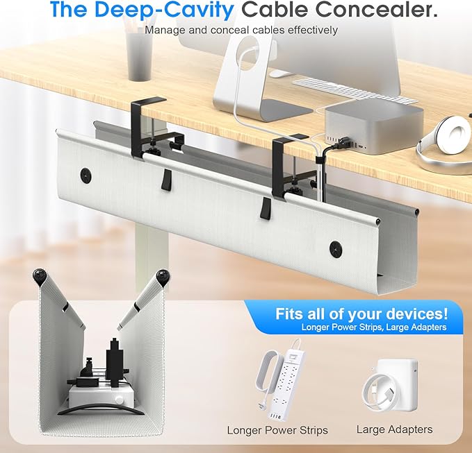 KIGJU Under Desk Cable Management Tray, 40-inch No-Drill Cord Organizer with Anti-Sag Reinforced Base, Fabric Wire Management Hider for Standing Desk, Office & Gaming Accessories - Grey