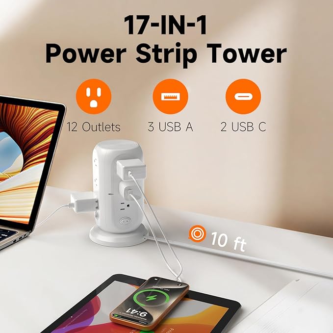Tower Power Strip with 12 Outlets and 5 USB Ports (2 USB-C), Flat Extension Cord 10 Ft, Surge Protection 1250W Multiple Outlets Charging Station for Home Office Dorm Room
