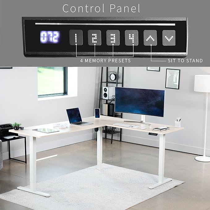 VIVO Electric Corner 75 x 63 inch L-Shaped Standing Desk, Memory Height Adjustment, Light Wood Top White Frame, DESK-E3CTC-75
