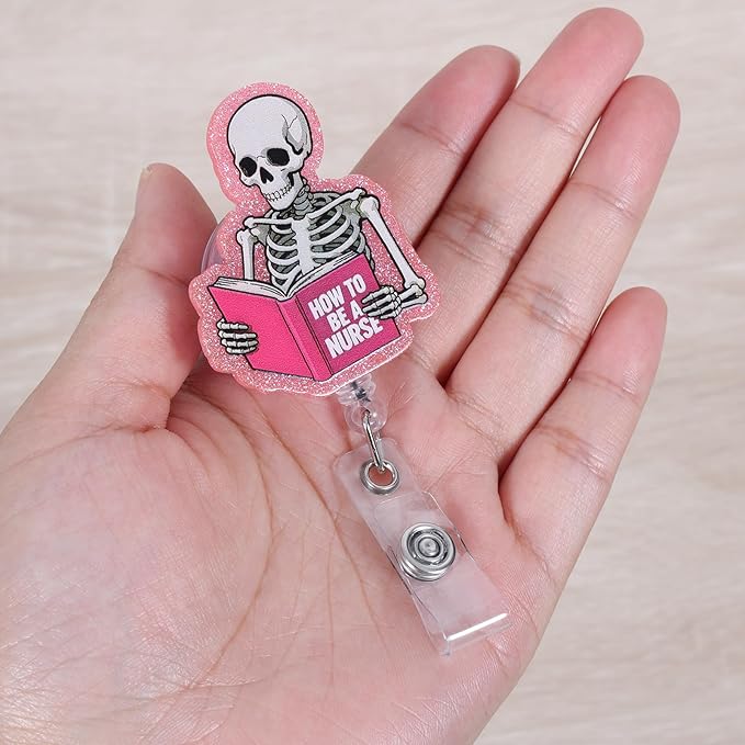 How to Be A Nurse Funny Skeleton Book Nurse Badge Reel, Cute Pink Radiology X-ray Retractable ID Card Medical Badge Holder, Name Tag Badge Buddy for RN LPN CNA MA Nursing Student Medical Workers