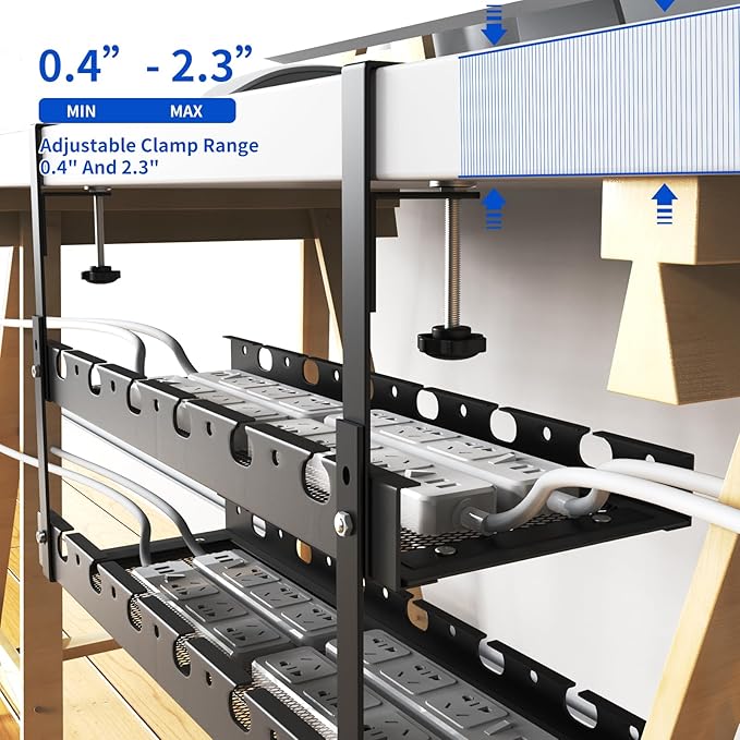 WIGAKDRU 31Inch Extendable Under Desk Cable Management Tray Multi-Model Metal Cable Management Tray Under Desk Cord Management with Clamp Power Strip Cord Holder for Wire Cable Management