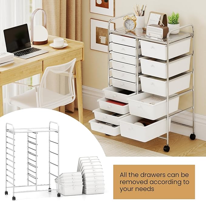 Giantex 15 Drawer Rolling Cart with Drawers, Storage Organizer Cart for Classroom Office School Teacher, Mobile Drawer Cart for Tools, Crafts, Small Printer, Ivory