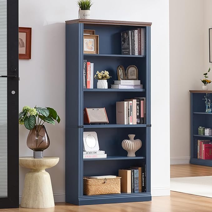 RWYHG 70" Blue Tall Bookshelf Set of 4,5-Tier Thick Wooden Book Shelf with Adjustable Shelves,Free Standing Farmhouse Bookcase with Open Display Storage,Floor Vintage Bookshelves for Living Room