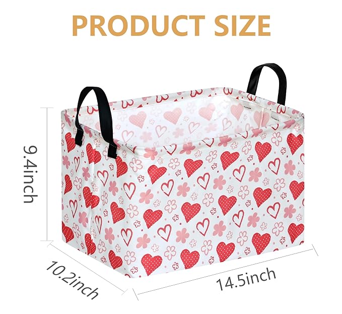 FUULOXE Rectangular Valentines Basket Storage Bin for Shelves Girls Gifts Baskets Foldable Box with Handles for Home Office Car Dormroom Valentine's Day Party Supplies