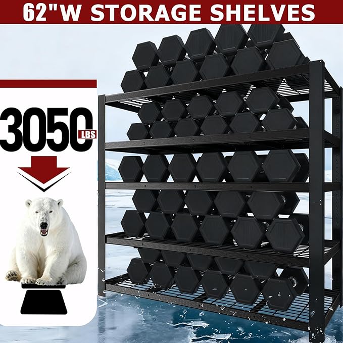ZEUKMXOO 62" W 3050LBS Storage Shelves Unit,5 Tier Heavy Duty Metal Shelving Unit and Storage Large Rack,72" H x62 W x24 D Adjustable Metal Shelving Unit,Garage Shelves for Basement,Warehouse