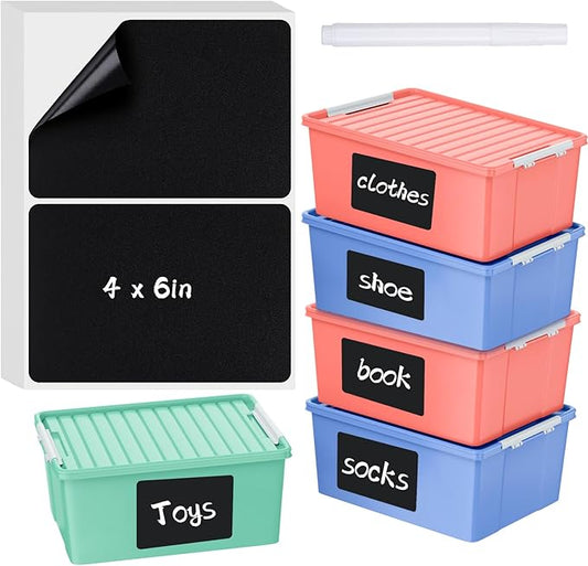 100 Pcs Labels for Storage Bins, 6 x 4 inch Black Large Label Stickers with 1 Liquid Chalk Marker Removable Labels Adhesive Chalkboard Labels Tear Resistant No Residue for School Business Home