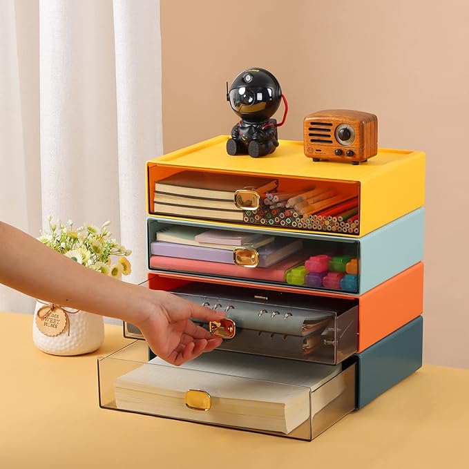 OSteed Spacious Desktop Storage Box, 1 Large Storage Drawer, Stackable Office Desk Drawer Organizer and Accessories, Printer Paper Organizer, Orange Plastic Drawers for Workspace & Home