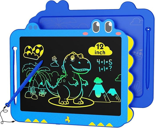 Kikapabi LCD Writing Tablet for Kids, 12 inch Dinosaur Doodle Board Toys Gifts for Boys Girls Age 3 4 5 6 7 Year Old, Mess-Free Drawing Pad Portable Learning Travel Toy Birthday Christmas Gift Blue