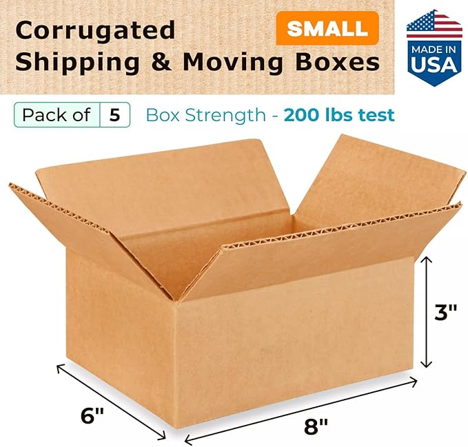 Small Moving & Shipping Boxes 8 x 6 x 3 inches (5-Pack) - Extra Strength 200 lb vs Regular - Corrugated Packing Boxes for Moving - Small Box for Shipping - Cardboard Shipping Box by IDL Packaging
