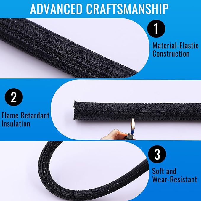Flauzmann 1/4" Braided Cable Sleeve - 10Ft Cat Cord Protector Split Wire Loom Tubing Flexible Self Wrapping for USB, Audio, Automotive Cord, Dog Chew Proof Cable Protector - Black