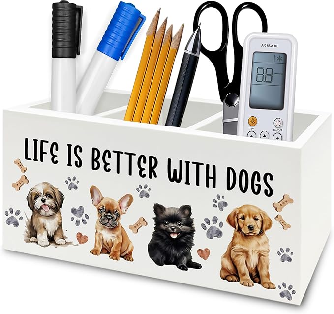 QZQE Dog Pen Pencil Holder Organizer for Desk, Dog Lovers Mom Gifts for Women, Life Is Better with Dogs Wooden Box Signs Decorations for Home Office Desk Tabletop, Gifts for Pet Lovers