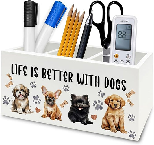 QZQE Dog Pen Pencil Holder Organizer for Desk, Dog Lovers Mom Gifts for Women, Life Is Better with Dogs Wooden Box Signs Decorations for Home Office Desk Tabletop, Gifts for Pet Lovers