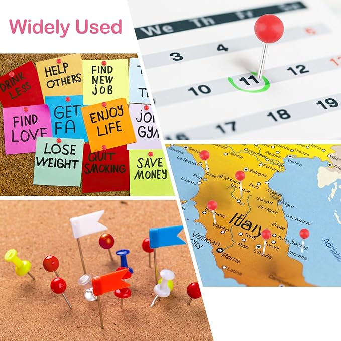 1000 Pcs Multi-Color Push Pins, Map Pins for Travel Map, Small Map Tacks with Plastic Beads Head for Cork Board (Red, 1/4 ")