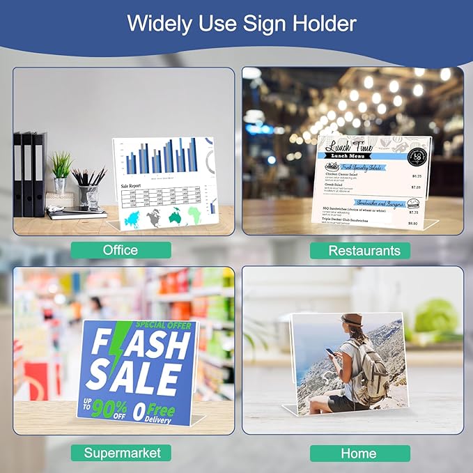 Wbtran Slanted Back Acrylic Sign Holder 8 x 10 Horizontal, Acrylic Stands for Display 10 x 8, Clear Tabletop Plastic Paper Sign Holder for Office, Home, Restaurant (6 Pack 10x8 Inches)
