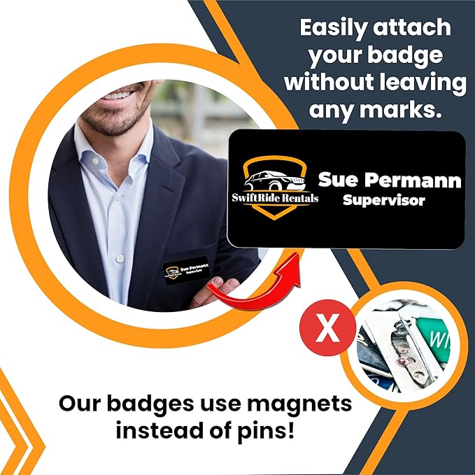 Ships Next Day Magnet Me Up Custom Printed Magnetic Name Tag Badge with Logo (Left), 1.5x3 inch, Full Color Customizable Identification Label, for Schools, Offices, Businesses, Made in USA