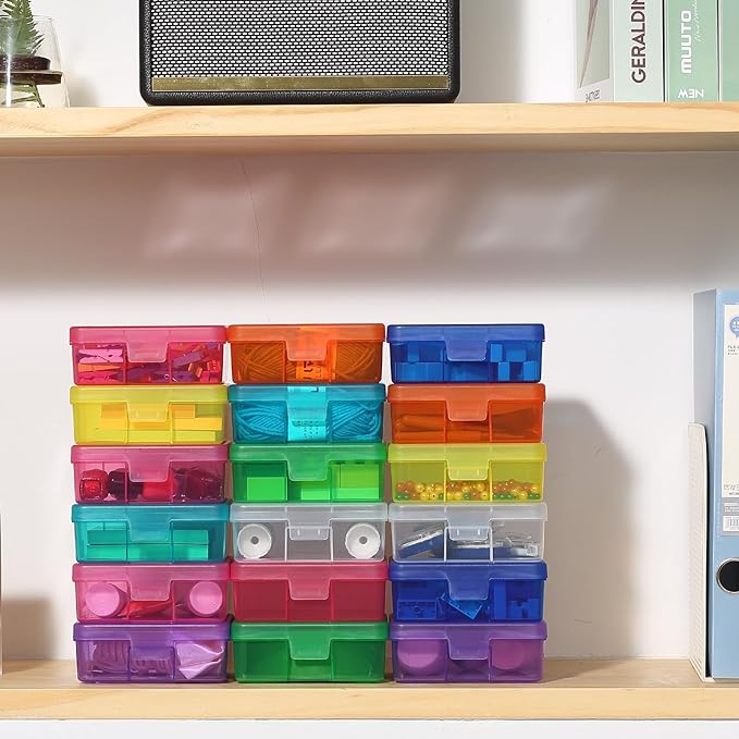 novelinks Stackable Plastic Clear Storage Box Containers with Latching Lid - Art Craft Supply Organizer Storage Containers for Pencil Box, Crayon, Beads, Jewelry (18 Pack Small -Color)