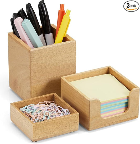 CMLKLZD Desk Organizer Set of 3 - Wood Office Desk Accessories - Desk Organizers and Accessories for Women Men - Set incl. Pencil Pen Holder, Paperclip Storage and Sticky Note Holder