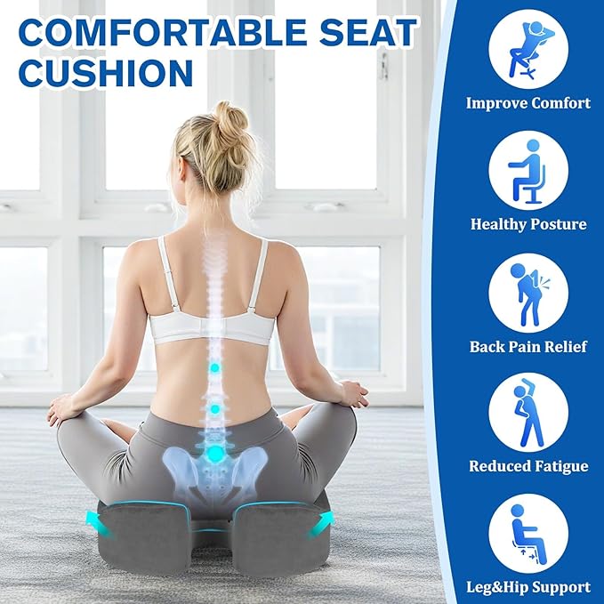CushyOasis Seat Cushion, Gel Chair Cushions, Office Chair Cushions, Anti-Slip Bottom & Removable Cover Tailbone Pain Relief Cushion, Memory Foam Seat Cushion, 5.28 in Thick (Grey)