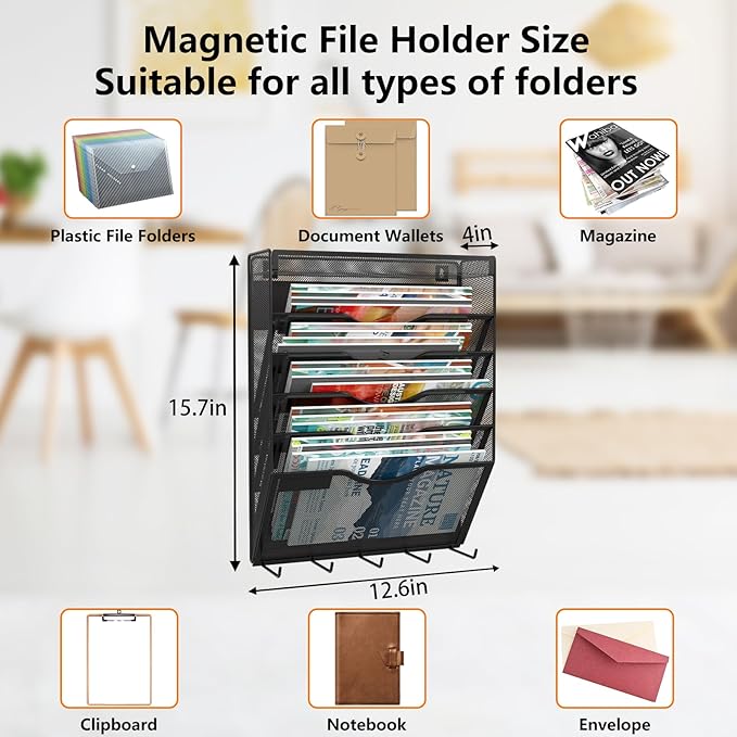 KZWKRG 6 Tier Magnetic File Holder with Hook, Magnetic File Organizer Folder Holder, Wall File Organizer, Hanging Magnetic Paper Holder for File Cabinets, Office, Whiteboard, Magnetic Mail Holder