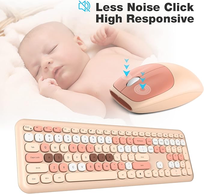 MOFII Wireless Keyboard Mouse Combo, Colorful Compact Full Size Wireless Keyboard and Mouse Set 2.4G Ultra-Thin Sleek Design for Windows, Computer, Desktop, PC, Notebook- Milk Tea Colorful