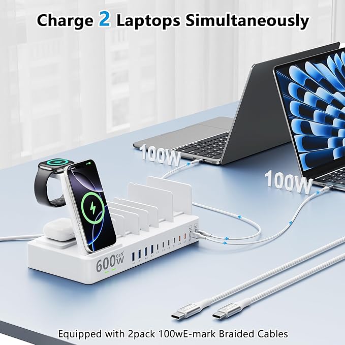 600w Charging Station for Multiple Devices, 15 in 1 Wireless Charger with 2pack 100w USB C Charger Cable, Dual 100w USB C Tablet Charging Station for MacBook,iPhone,iPad,Tablet (White)