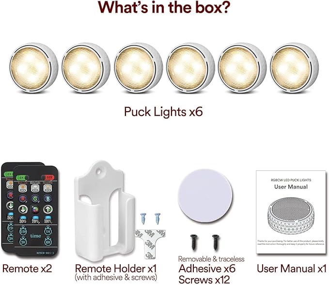 Onumii LED Puck Lights Battery Operated LED Under Cabinet Lighting Wireless Stick on Tap Lights with Remote Controll Color Changing Timer Function for Cabinets, Shelves, Closets - 6Pack White