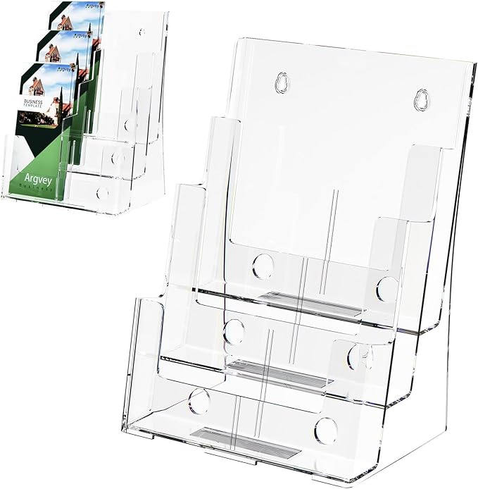 2 Pack Acrylic Brochure Holder 8.5 x 11 inches, 3 Tier Clear Brochure Display Stand with Removable Divider for Trifold 4 Inches Wide Pamphlet, Plastic Flyer Holder for Magazine, Literature, Booklet