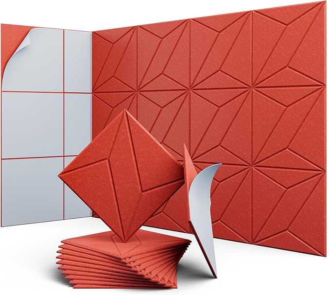 UNECHO 12 Pack 12" X 12" X 0.4" Acoustic Panels for Wall Sound Absorbing, P-Stripes Square Self-Adhesive Sound Panel, High Density Suitable for Multiple Scenarios(Cherry Red)